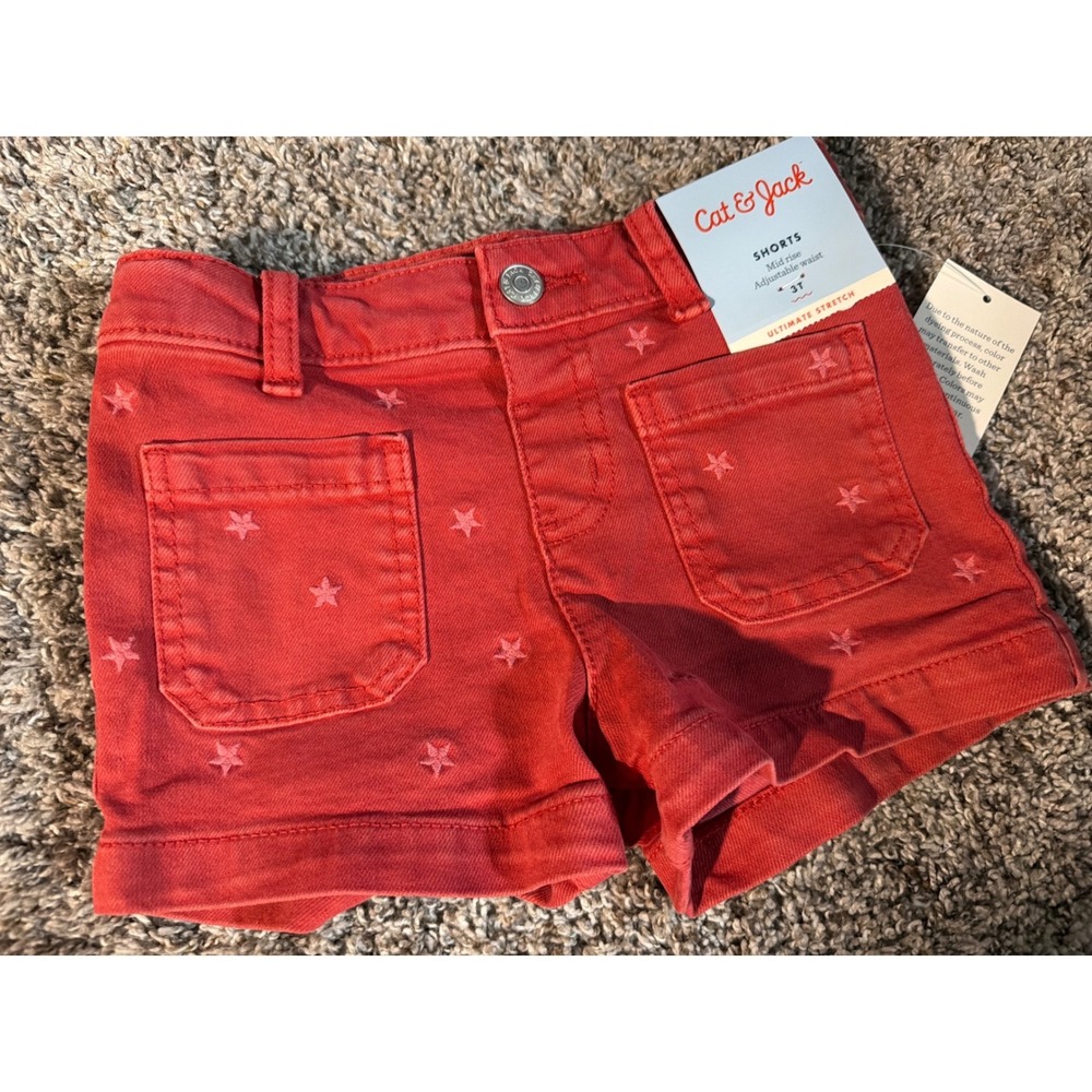 Cat & Jack Toddler Girls Red Star Embroidered Shorts Adjustable Waist 3T NWT